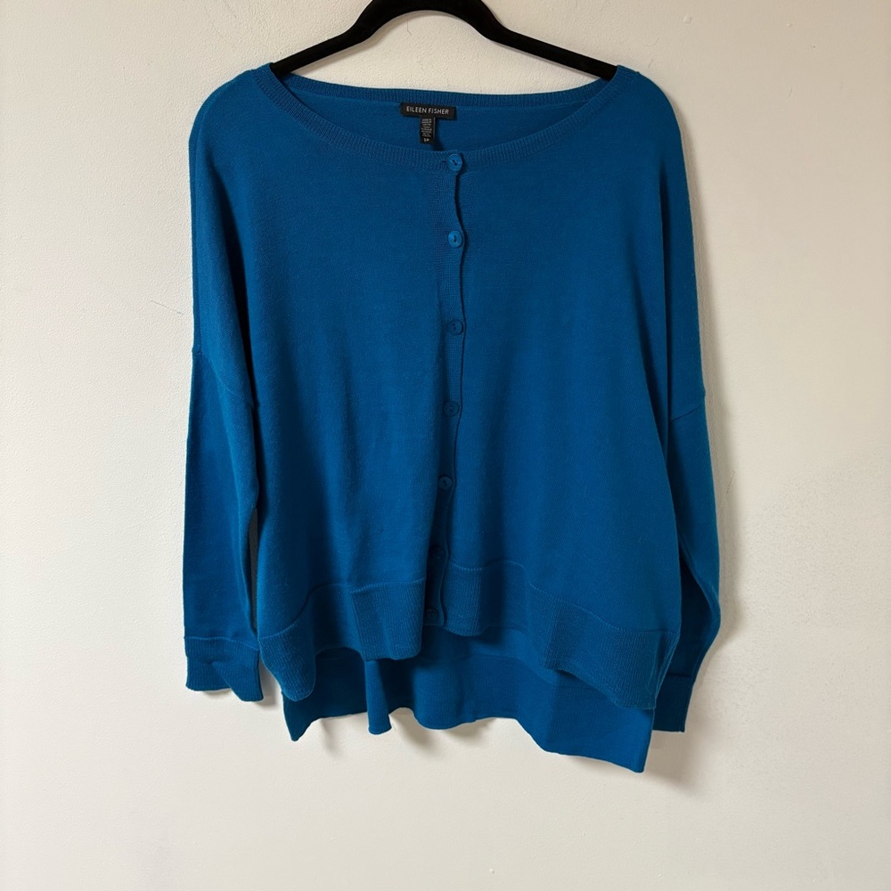 Eileen Fisher Blue Knit Cardigan Sweater Oversized Merino Wool small/petite